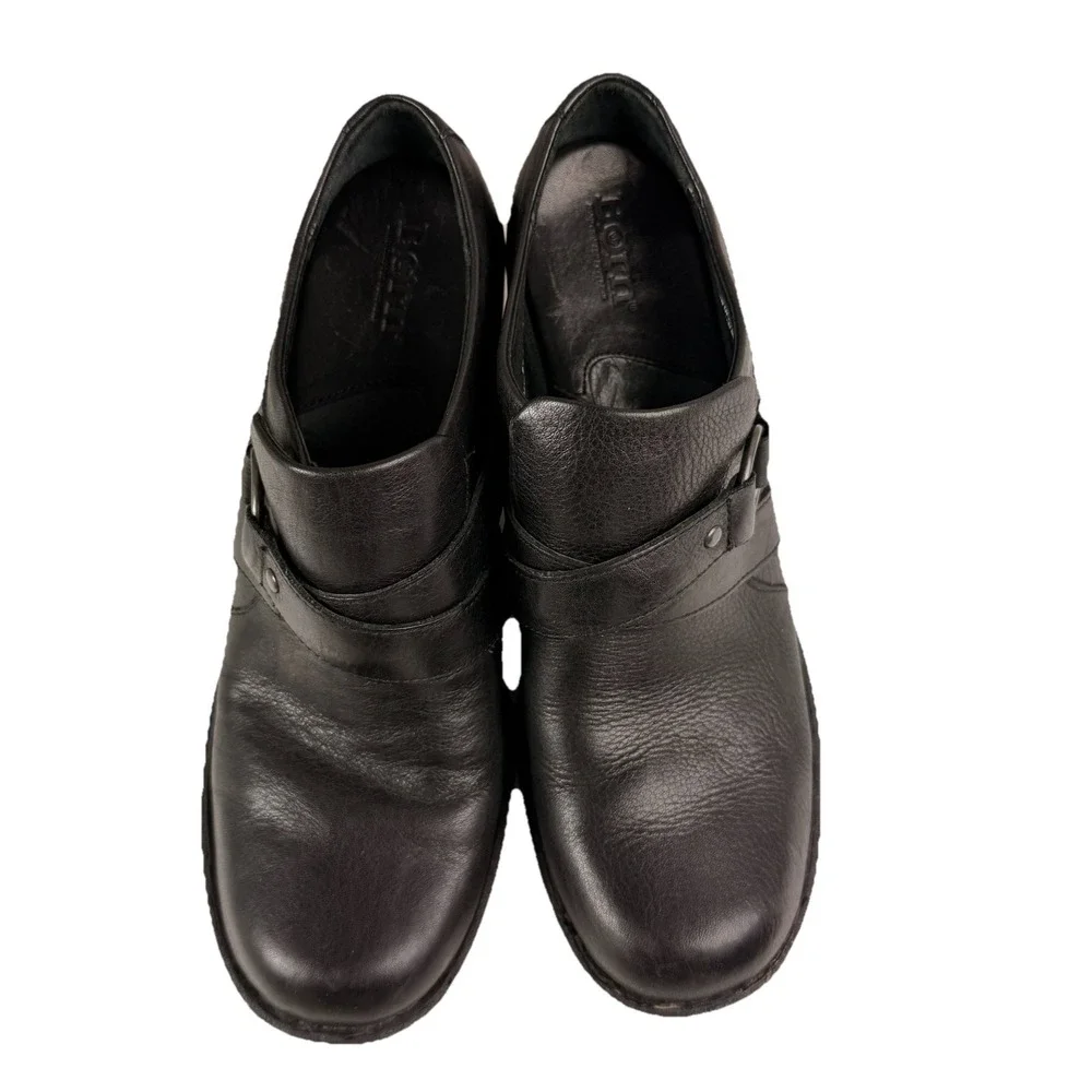 Born Dollie Women 9.5 Platform Ankle Bootie Black Leather Block Heel Clogs Shoes
